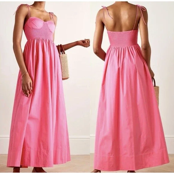 STAUD Landry Shoulder-Tie Smocked Maxi Dress L Wedding Guest Picnic Romantic
